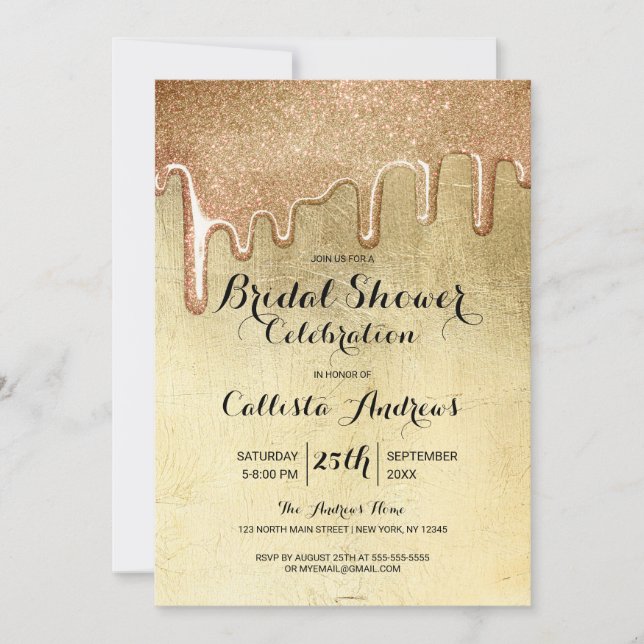 Invitación Glamoroso Purpurina de oro grueso gotea ducha de n (Anverso)