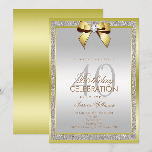 Invitación Glamoroso Purpurina de oro y plata 40 cumpleaños (Anverso / Reverso)