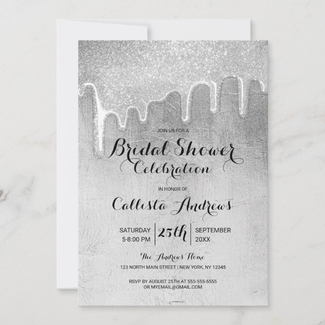 Invitación Glamoroso Purpurina de plata gruesa gotea ducha de (Anverso)