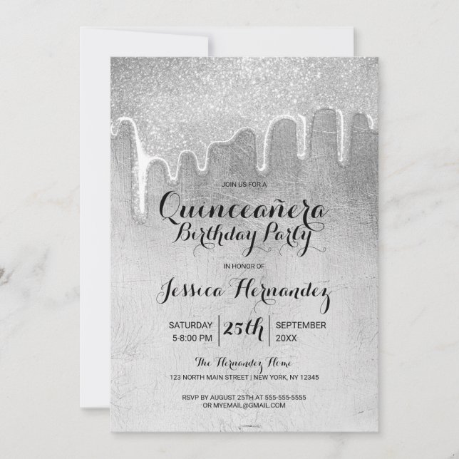 Invitación Glamoroso Purpurina de Plata gruesa gotea Quinceañ (Anverso)