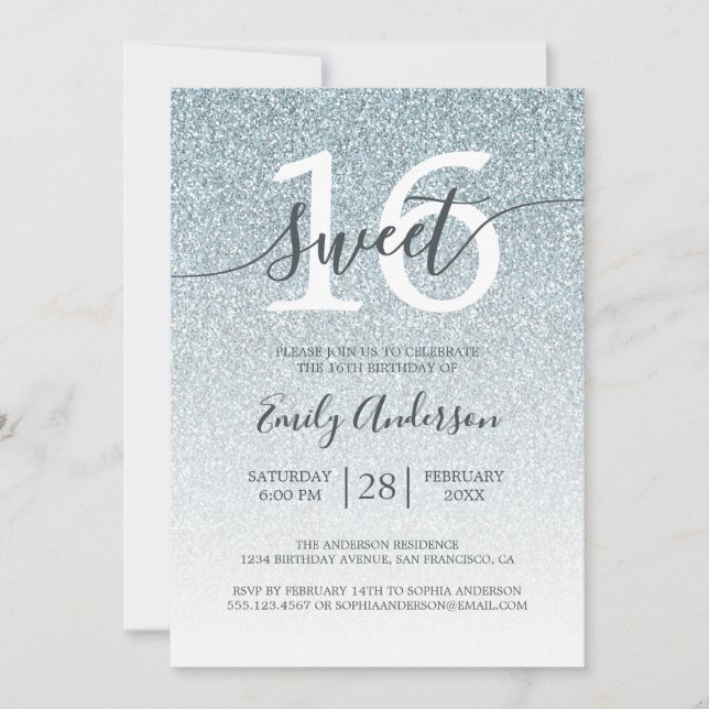 Invitación Glamoroso Purpurina de plata Ombre Sweet 16 cumple (Anverso)
