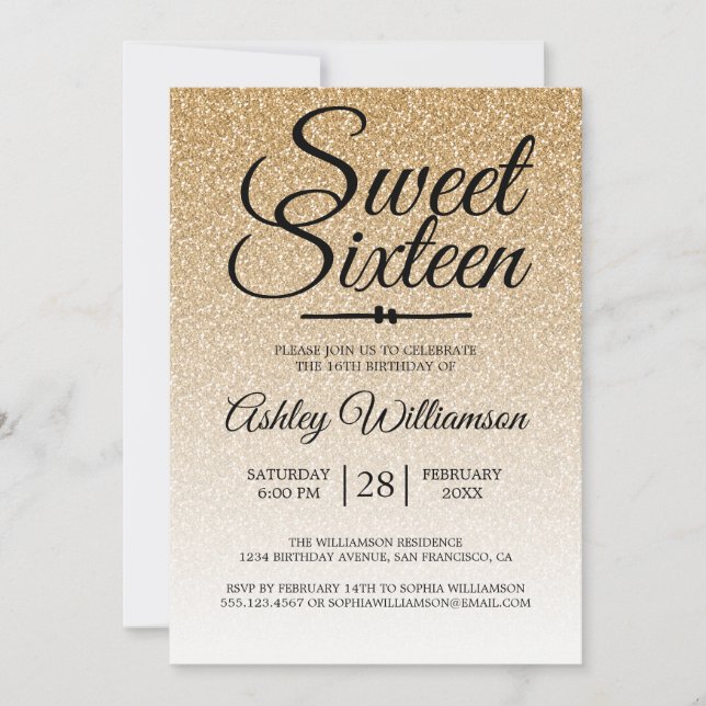 Invitación Glamoroso Purpurina Ombre Sweet 16 Cumpleaños (Anverso)