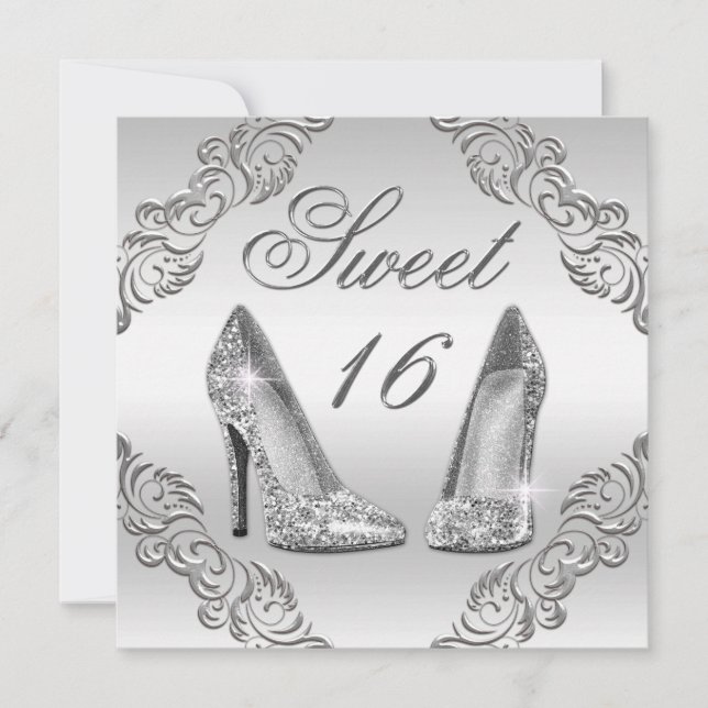 Invitación Glamoroso Purpurina Plata Tos Altos Dulce 16 (Anverso)