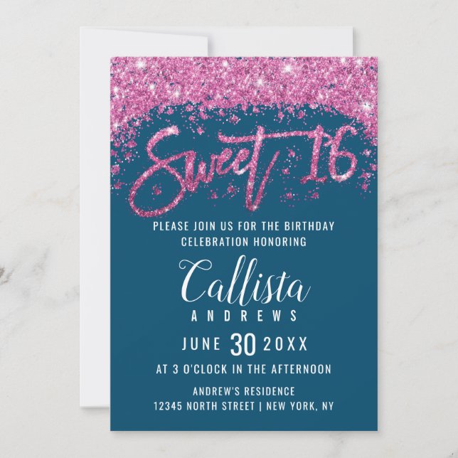 Invitación Glamoroso Purpurina rosa brillante Verde azulado D (Anverso)