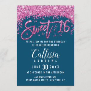 Invitación Glamoroso Purpurina rosa brillante Verde azulado D