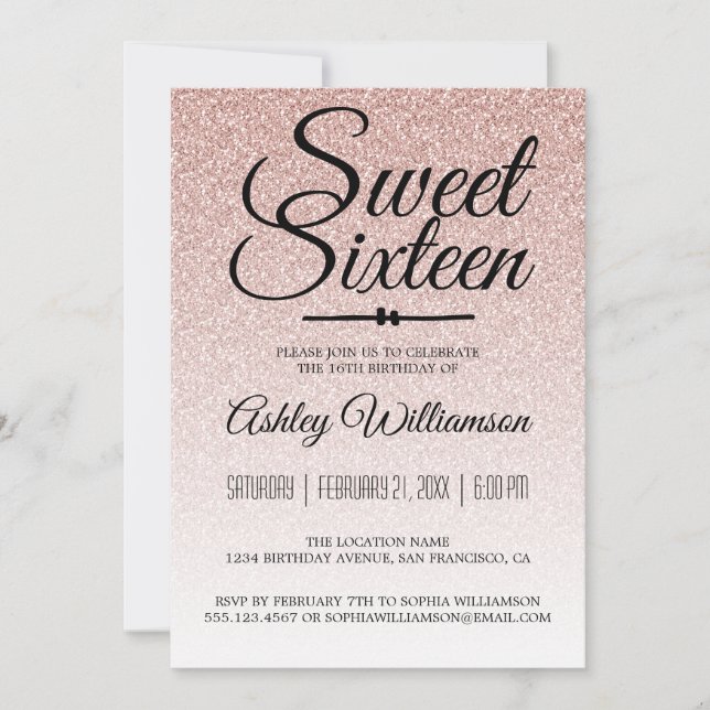Invitación Glamoroso Purpurina Rosa Ombre Sweet 16 Cumpleaños (Anverso)