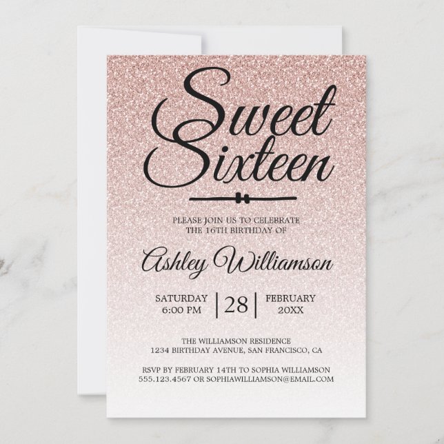 Invitación Glamoroso Purpurina Rosa Ombre Sweet 16 Cumpleaños (Anverso)