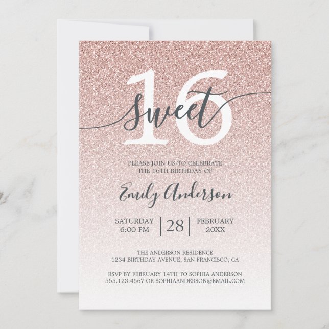 Invitación Glamoroso Purpurina Rosa Ombre Sweet 16 Cumpleaños (Anverso)