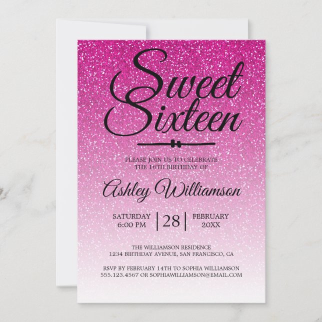 Invitación Glamoroso Purpurina Rosa Ombre Sweet 16 Cumpleaños (Anverso)