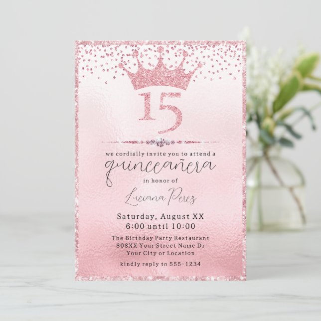 Invitación Glamoroso Purpurina Rosa Tiara Quinceañera Cumplea (Anverso de pie)