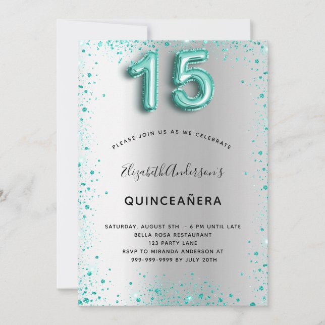 Invitación Glamoroso purpurina verde azulado plateado Quincea (Anverso)