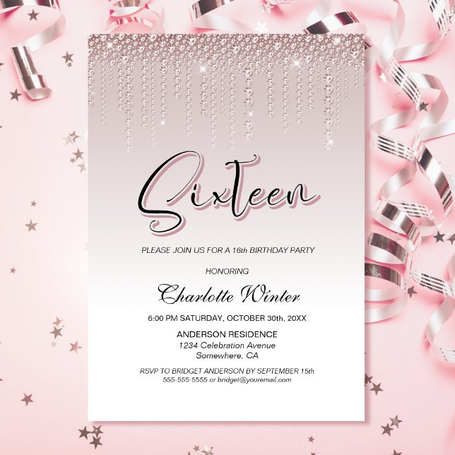 Invitación Glamoroso Rosa de diamantes rosados 16º cumpleaños (Subido por el creador)
