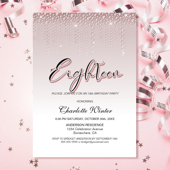 Invitación Glamoroso Rosa de diamantes rosados 18 cumpleaños (Subido por el creador)