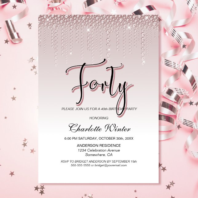 Invitación Glamoroso Rosa de diamantes rosados 40 cumpleaños (Subido por el creador)