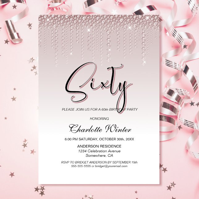 Invitación Glamoroso Rosa de diamantes rosados 60 cumpleaños (Subido por el creador)