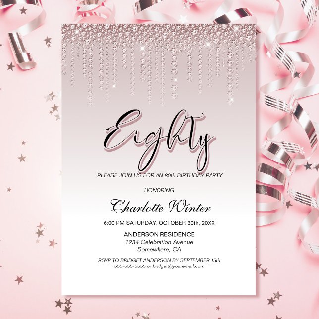 Invitación Glamoroso Rosa de diamantes rosados 80 cumpleaños (Subido por el creador)