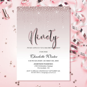 Invitación Glamoroso Rosa de diamantes rosados 90 cumpleaños