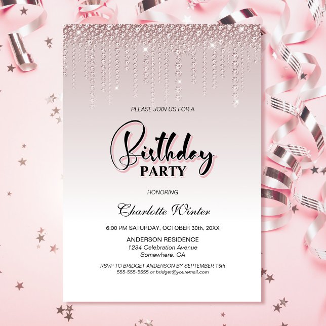 Invitación Glamoroso Rosa de diamantes rosados Fiesta de cump (Subido por el creador)