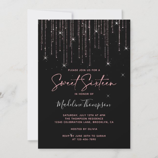 Invitación Glamoroso Rosa esparcido dorado dulce negro diecis (Anverso)