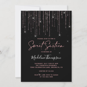 Invitación Glamoroso Rosa esparcido dorado dulce negro diecis