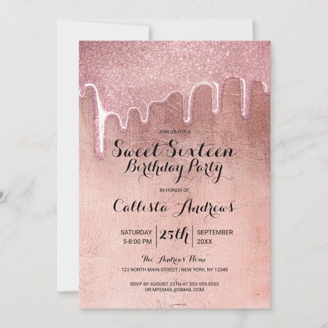 Invitación Glamoroso Rosa Oro grueso Purpurina gotea dulce 16 (Anverso)