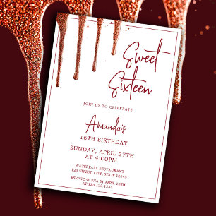 Invitación Glamoroso Rosa Oro Purpurina Drip Sweet 16 Cumplea