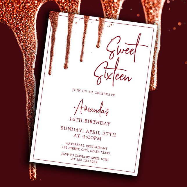 Invitación Glamoroso Rosa Oro Purpurina Drip Sweet 16 Cumplea (Subido por el creador)