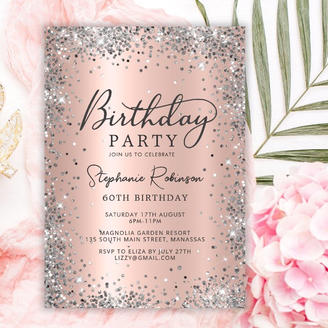 Invitación Glamoroso Rosa oro y plata cumpleaños número 60 (Subido por el creador)