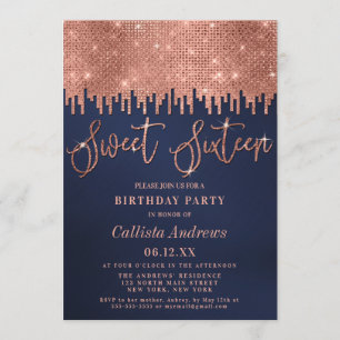 Invitación Glamoroso Rosa Purpurina de la Marina de Oro Pixel