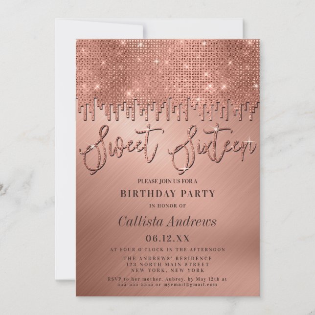 Invitación Glamoroso Rosa Purpurina de oro Pixels Sweet 16 (Anverso)