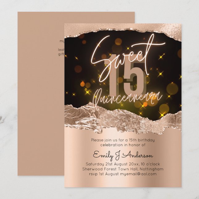 Invitación Glamoroso Rosa Relieve metalizado dorado Purpurina (Anverso / Reverso)
