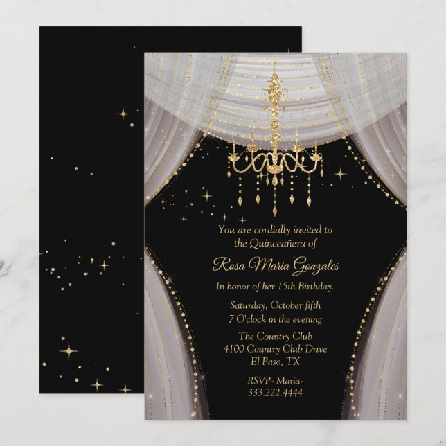 Invitación Glamoroso Rubor negro y quinceañera de oro (Anverso / Reverso)