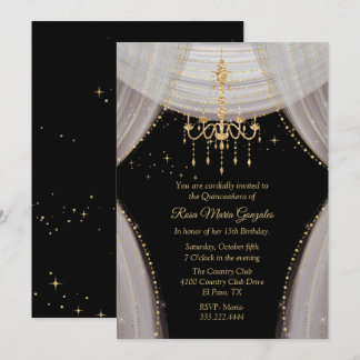 Invitación Glamoroso Rubor negro y quinceañera de oro