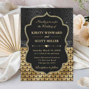 Invitación Glamoroso Scallop Negro Oro Art Deco Boda