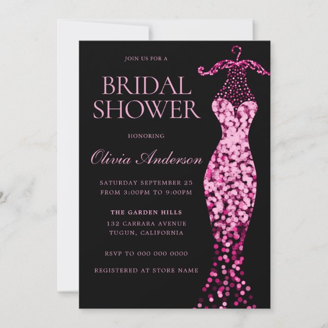 Invitación Glamoroso vestido de espuma rosa con ducha de novi (Anverso)