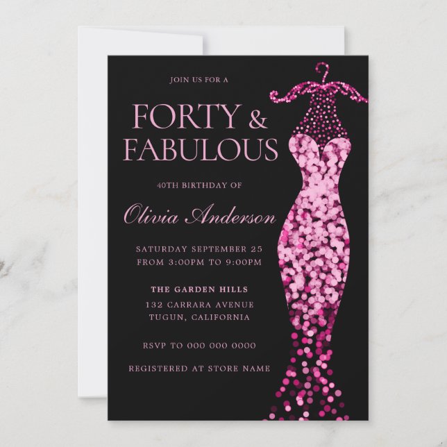 Invitación Glamoroso vestido de espuma rosada 40 Fiesta de cu (Anverso)