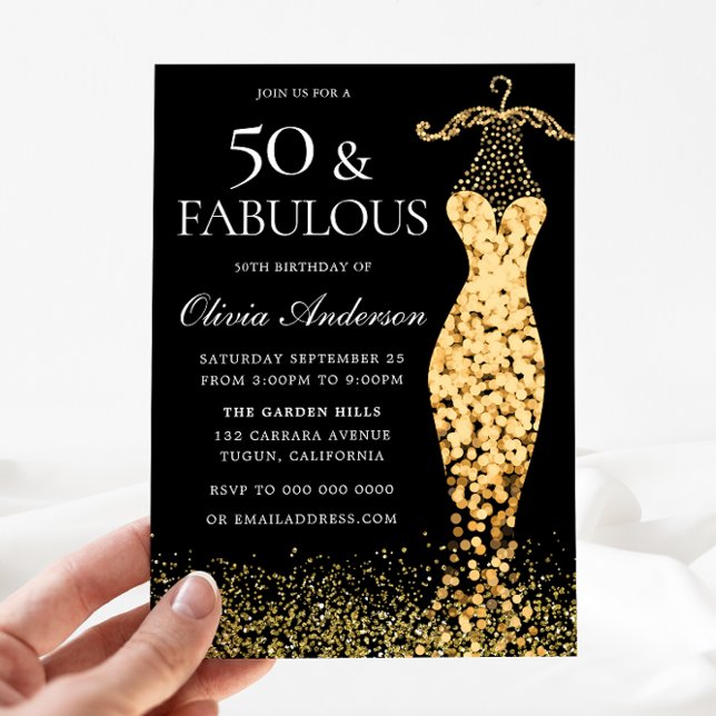 Invitación Glamoroso vestido de oro Fabuloso 50 cumpleaños (Subido por el creador)