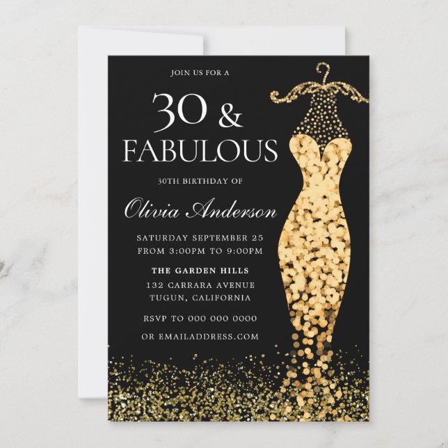 Invitación Glamoroso vestido de oro fabuloso cumpleaños númer (Anverso)