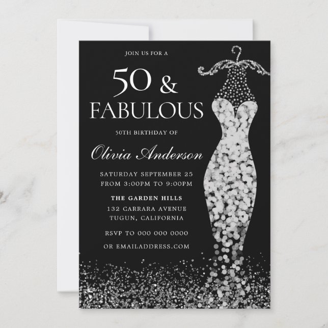 Invitación Glamoroso vestido negro y blanco plateado 50 cumpl (Anverso)