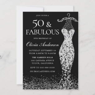 Invitación Glamoroso vestido negro y blanco plateado 50 cumpl