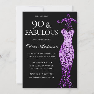 Invitación Glamoroso Vestido Púrpura Fabuloso cumpleaños 90