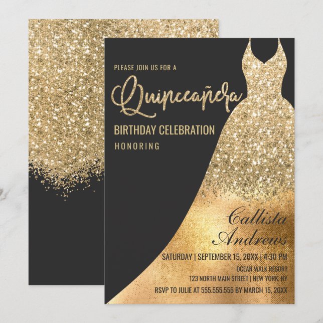 Invitación Glamoroso vestido Purpurina de oro negro Quinceañe (Anverso / Reverso)