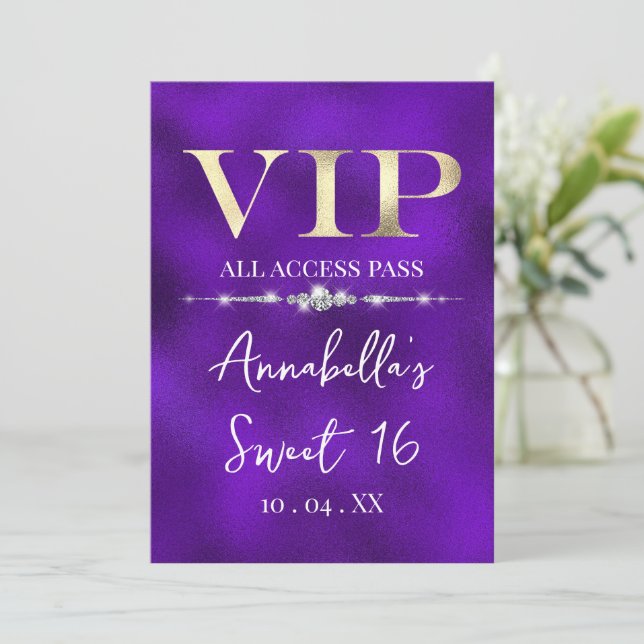Invitación Glamoroso VIP de oro en morado (Anverso de pie)