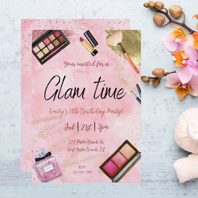 Invitación Glamoroso Watercolor Makeup Tween Adolescentes Chi (Subido por el creador)