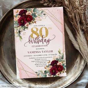 Invitación Glamorosos Boho Borgoña Rosas de oro 80 cumpleaños