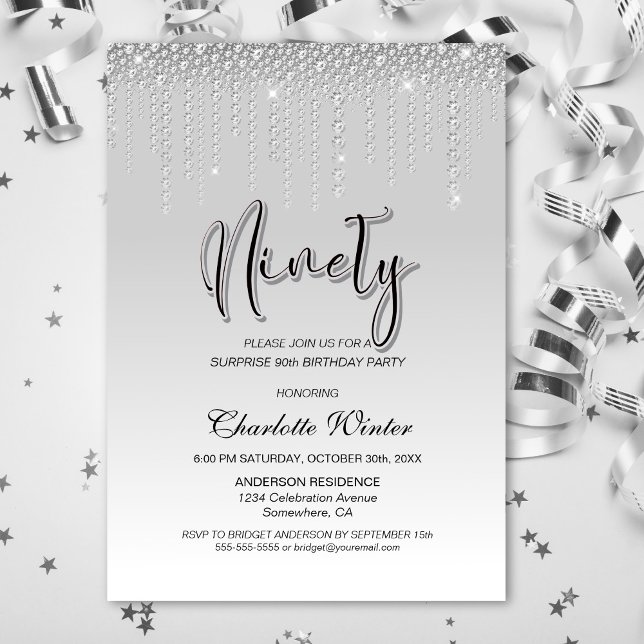 Invitación Glamorosos diamantes plateados sorprenden 90 años (Subido por el creador)
