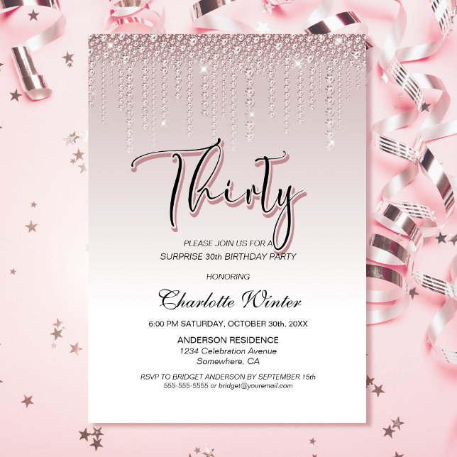Invitación Glamorosos diamantes rosados sorprenden a los 30 a (Subido por el creador)