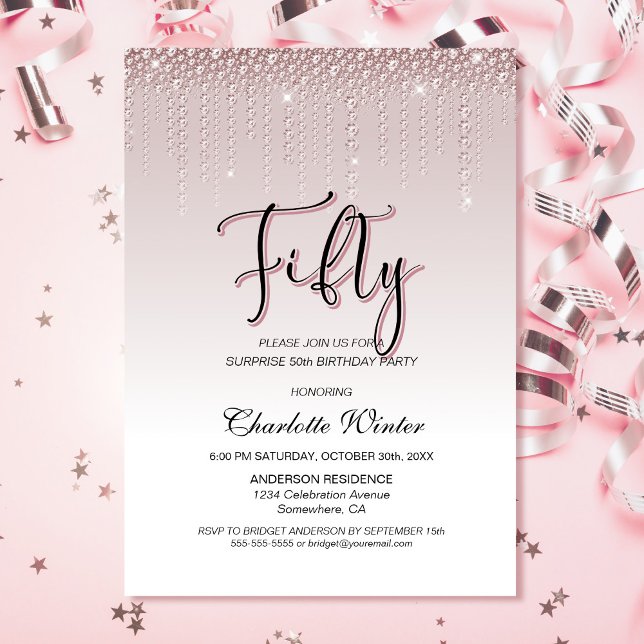 Invitación Glamorosos diamantes rosados sorprenden a los 50 a (Subido por el creador)