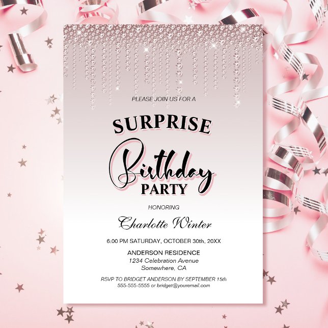 Invitación Glamorosos diamantes rosados Sorpresa fiesta de cu (Subido por el creador)