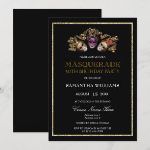 Invitación Glamorosos Purpurinas de oro en la mascarada 50 cu